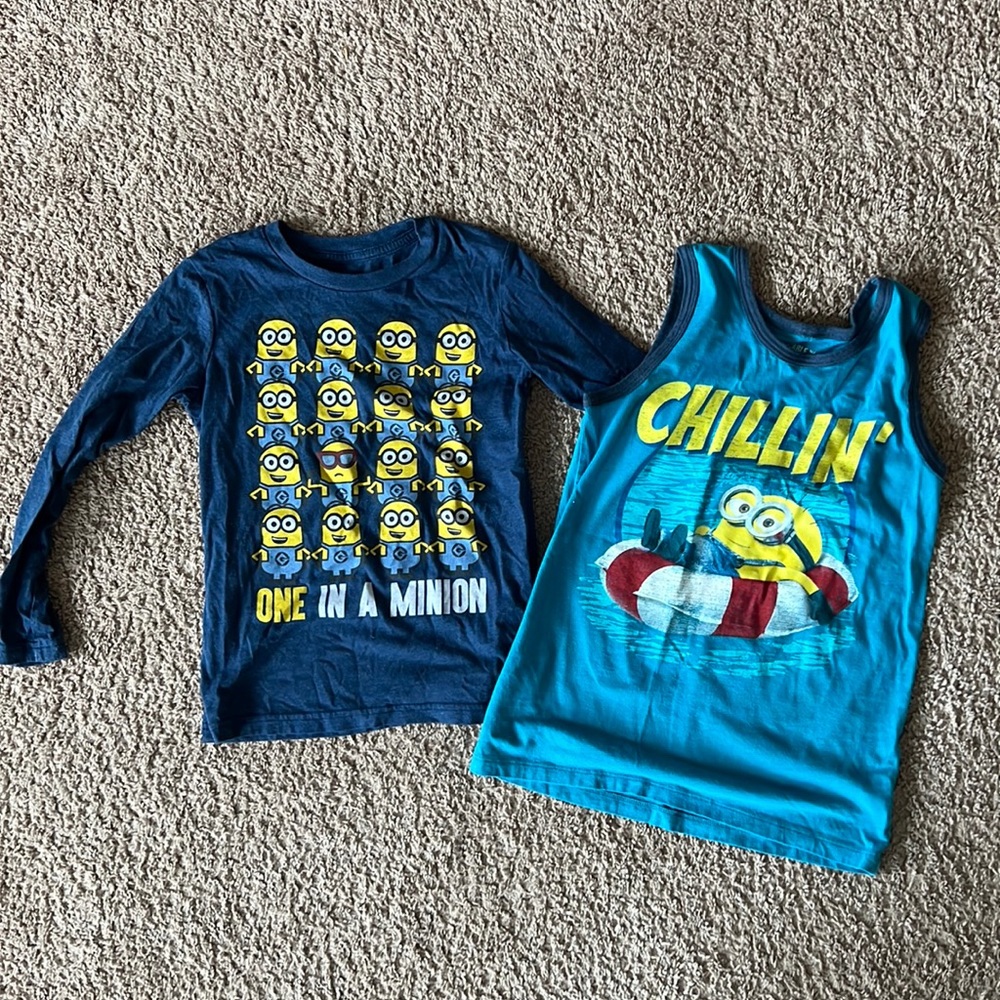 Set of 2 Minions shirts one long sleeved and one tank top. Size 7 and size small